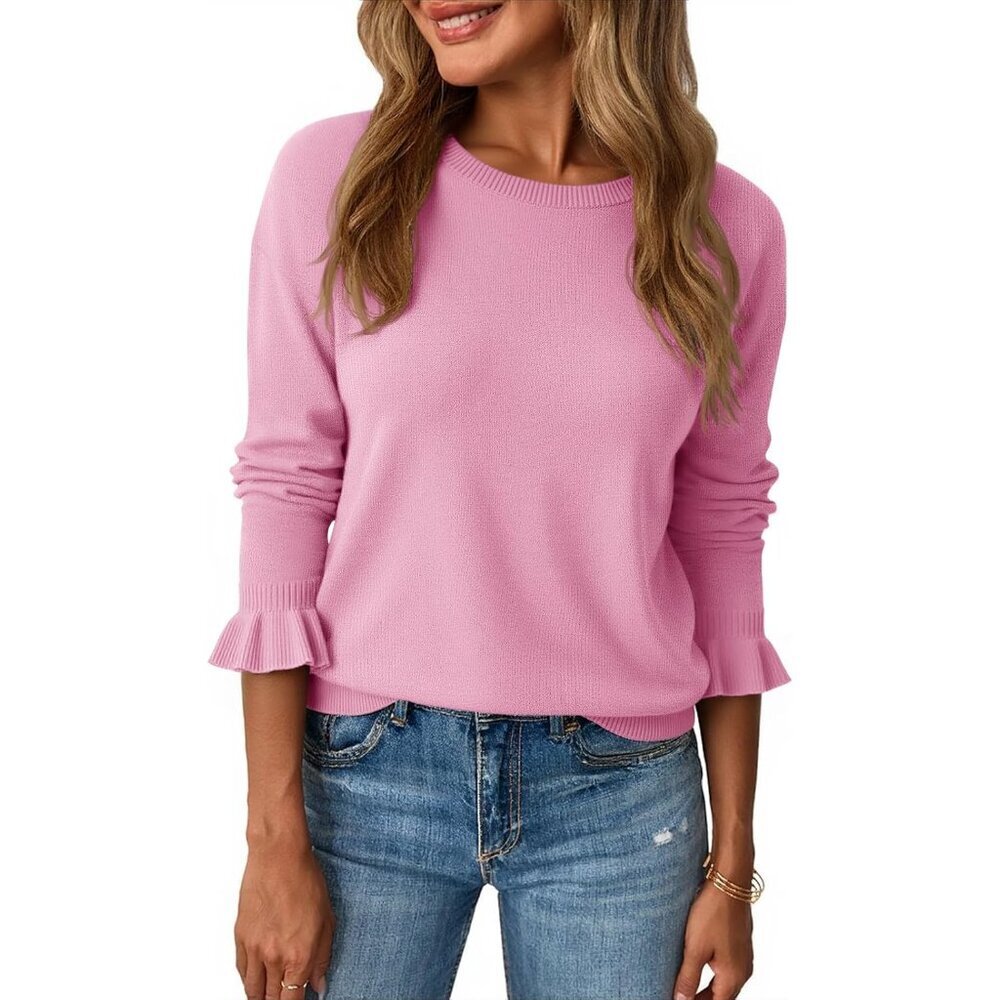 Womens Fall Lightweight Knit Crew Neck Sweater Ruffle Long Sleeve Casual Top - Picture 1 of 6